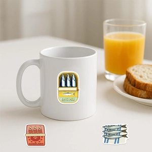 Close-up of vintage sardine tin stickers applied on a white ceramic mug in a cozy scene