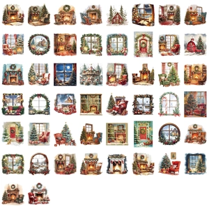 Lot de 50 autocollants de Noël étanches avec des motifs festifs de scènes aquarelles
