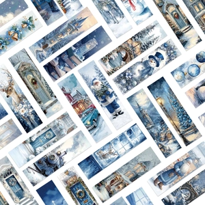 Gros plan de marque-pages de Noël bleu hiver avec illustrations du Père Noël et rennes
