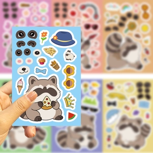 DIY cartoon raccoon stickers set for kids with waterproof make-a-face craft accessories