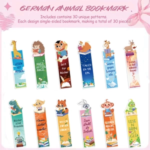 Detail of 30-piece set of cartoon animal bookmarks featuring German motivational phrases