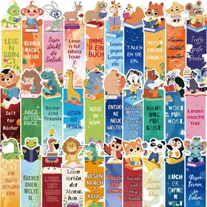 Set of 30 cartoon animal bookmarks with German motivational quotes on premium paper