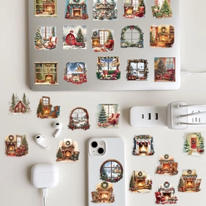 Autocollants de Noël sur ordinateur et smartphone avec motifs festifs de cheminée et de sapin
