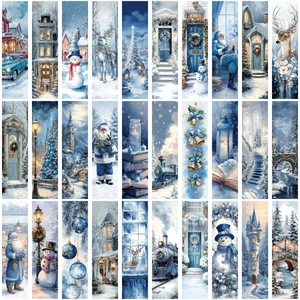 Lot de 30 marque-pages de Noël bleus vintage avec illustrations d'hiver et motifs festifs