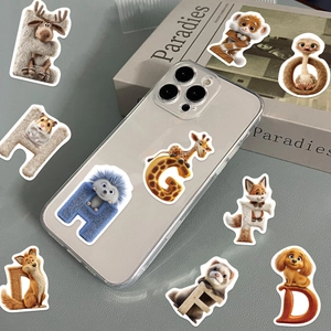 Detailed view of 3D animal alphabet stickers on a phone case and stationery background