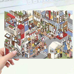Isometric 3D cartoon street scene sticker featuring miniature urban shops and buildings