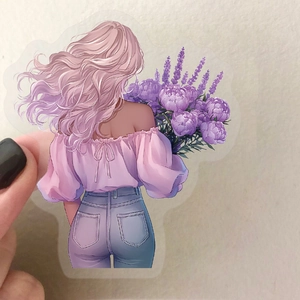 Detailed view of floral girl sticker with romantic flower bouquet and long hair pattern