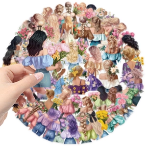 50-piece waterproof floral girl stickers with elegant female illustrations and flowers