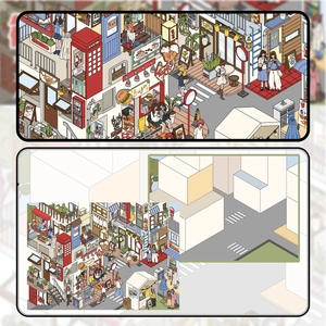Detailed axonometric view of 3D miniature city stickers for DIY scrapbooking and crafts