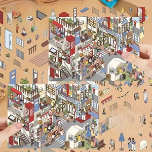 Detailed set of 4 PET stickers and scene card with cartoon 3D urban street illustrations