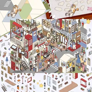 Cartoon City Street Corner Miniature World 3D Stickers Waterproof PET Decorative Decals For DIY Scrapbooking Hand Account