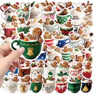 Close-up of waterproof Christmas gingerbread man PVC stickers for holiday decoration