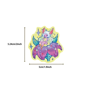 Detail of cartoon fairy sticker with glitter finish and precise dimension measurements