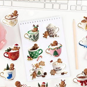 50pcs Christmas gingerbread and coffee cup waterproof stickers on a white notebook