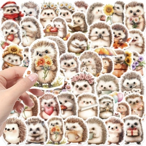 Detail of waterproof cartoon hedgehog stickers featuring hand-drawn watercolor designs