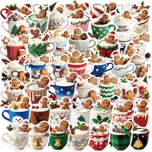 Christmas Stickers Gingerbread Man Hot Cocoa Mug Waterproof PVC Decals For Laptop Luggage Guitar DIY Cartoon Holiday Decoration