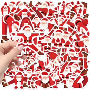 Close-up of waterproof PVC Christmas Santa yoga stickers for DIY laptop decoration