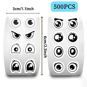 Roll of 500 cartoon eye stickers showing 3cm diameter and 6cm roll height dimensions
