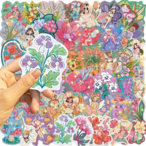 Close-up of waterproof cartoon flower fairy stickers with sparkling star film effect