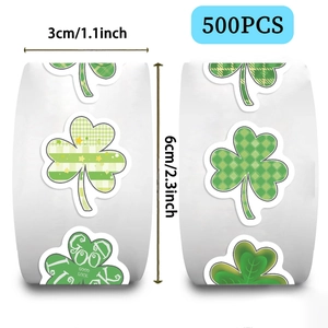 Detail showing St. Patrick's Day clover stickers, 500 pieces per roll, 3cm diameter size