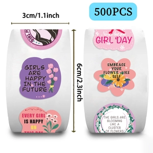 Detail showing 500pcs roll of floral stickers with girl power quotes and 3cm diameter