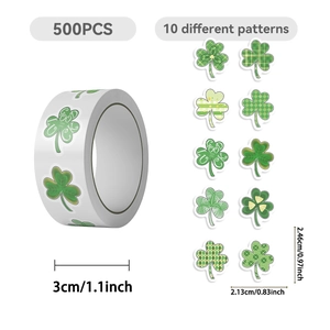 500pcs St. Patrick's Day clover sticker roll with 10 lucky shamrock patterns for decoration