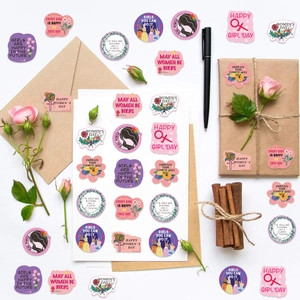 International Women's Day stickers with floral girl power illustrations for gift sealing