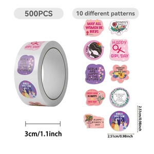Detail of 500pcs International Women's Day sticker roll with 10 cartoon girl designs