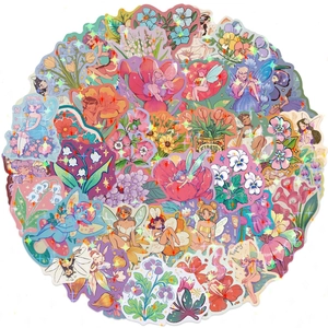 50 pieces of waterproof floral fairy cartoon stickers with laser star film for DIY decoration