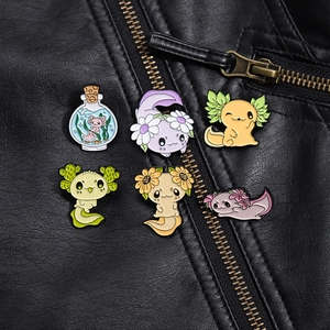 Detailed view of six cartoon axolotl enamel pins on a black leather jacket texture