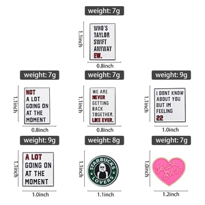 Set of Taylor Swift inspired enamel pins showing detailed dimensions and lyrics