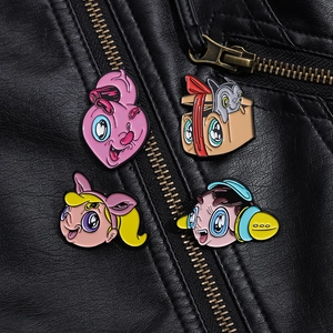 Creative anime enamel pins set featuring cute monster girl and cat on black leather jacket