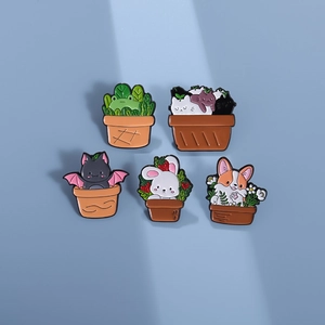 Cartoon Animal Potted Plant Enamel Pin Brooch Zinc Alloy Frog Cat Corgi Rabbit Bat Badge Fashion Jewelry Gift For Women Men