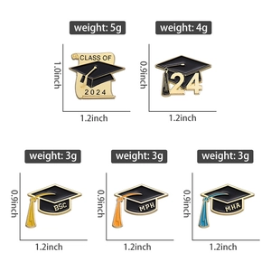 Detailed view of 2024 graduation enamel pins with cap and diploma scroll design