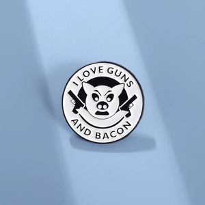 Round Enamel Pin featuring Cartoon Pig and Guns with I LOVE GUNS AND BACON text