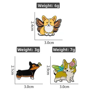 Detailed size and weight specs for three cute cartoon corgi enamel pins with butterfly wings