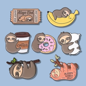 Cute Cartoon Sloth Enamel Pin Zinc Alloy Animal Badge Sloth Coffee Donut Banana Pillow Brooch For Clothes Backpack Jewelry Gift