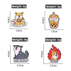Detailed view of four funny Corgi and animal enamel pins with exact weight and size specs