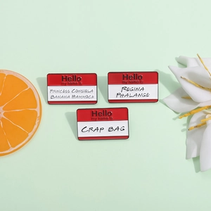 Three-piece set of Hello my name is enamel pins with Friends TV show quotes
