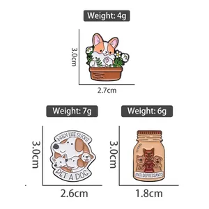 Funny yellow Corgi enamel pins collection with sizes and weights for puppy lovers