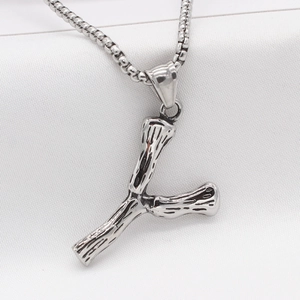 Vintage stainless steel necklace with letter Y pendant and textured bamboo style design