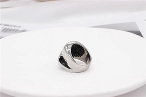 Detail of silver titanium steel ring featuring a black honeycomb textured inner band