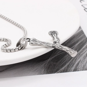Retro stainless steel cross pendant necklace with bone texture and sturdy box chain