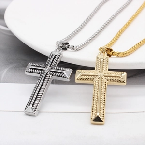 Colliers pendentif croix hip hop pour hommes en acier or et argent avec texture
