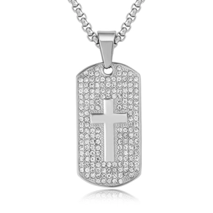 Pendentif Plaque d'Identité Croix pour Hommes Hip Hop en Acier au Titane Incrusté de Strass Bijoux Religieux sans Chaîne