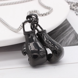 Polished black boxing glove pendant necklace with silver steel chain for men fashion