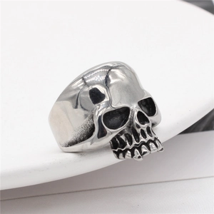 Gothic skull ring for men in vintage silver stainless steel with punk carving details
