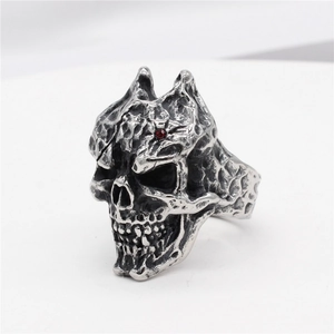 Retro punk style stainless steel skull ring with red zircon and rock texture finish
