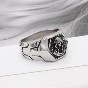 Retro stainless steel men's ring with silver skull reaper engraving and hexagonal face