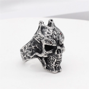 Vintage gothic skull ring with red eyes and textured silver black stainless steel finish